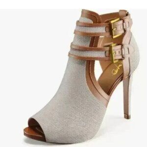 XYD Gainsboro-brown Peep Toe Ankle Boot Dual Buckled Straps Stiletto Heel Sandal